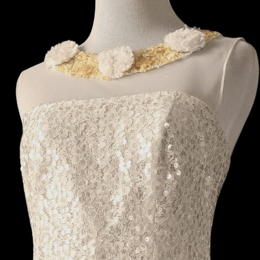 White Lace Mesh and Floral Beaded Sequin Cocktail Dress by Teri Jon